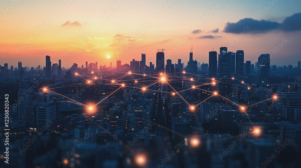 Fototapeta premium Abstract business man stands on Smart digital Innovation city with connection network reciprocity over the twilight cityscape. of future wireless digital city and social media networking systems