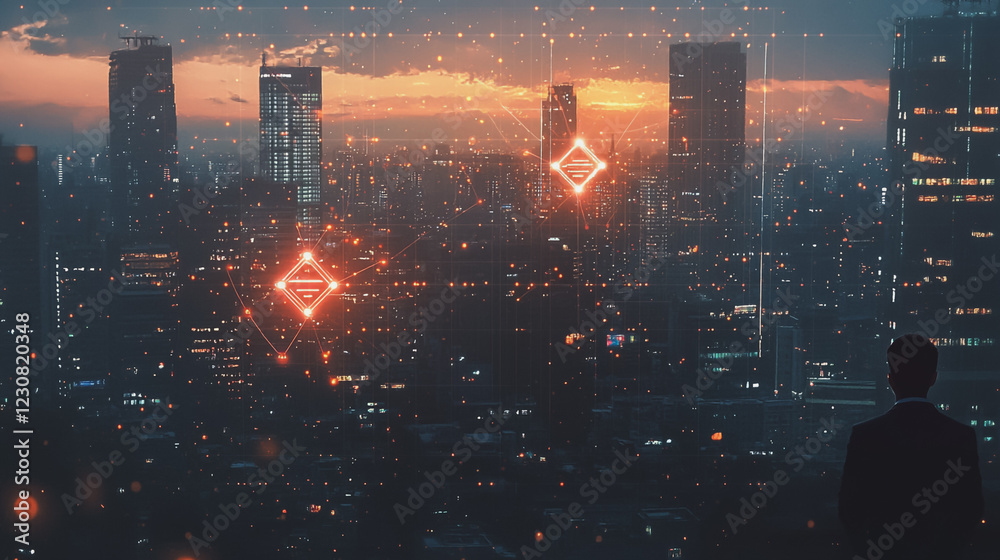 Obraz premium Abstract business man stands on Smart digital Innovation city with connection network reciprocity over the twilight cityscape. of future wireless digital city and social media networking systems