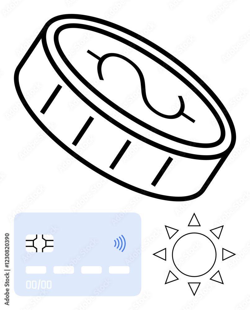 Coin with dollar sign, minimalist credit card, and sun symbolizing wealth, digital transactions, and prosperity. Ideal for finance, banking, savings, fintech investments e-commerce abstract line Coin with dollar sign, minimalist credit card, and sun symbolizing wealth, digital transactions, and prosperity. Ideal for finance, banking, savings, fintech investments e-commerce abstract line