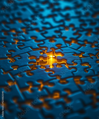 Puzzle concept - dark blue jigsaw pieces with gold light glowing from below. A missing piece amid jumbled puzzle pieces. photo