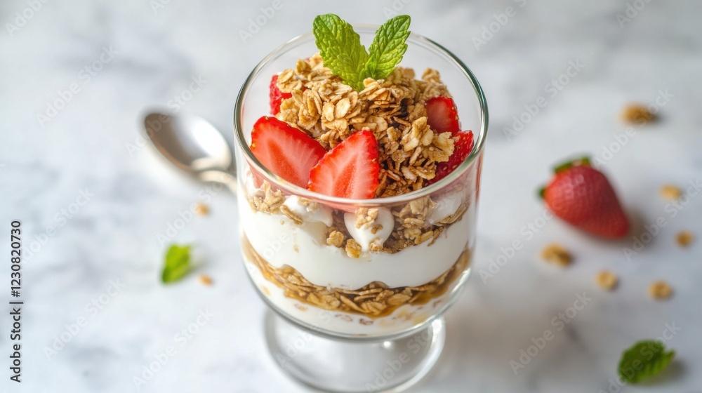 A refreshing and light Greek yogurt parfait with layers of honey, granola, and fresh strawberries A refreshing and light Greek yogurt parfait with layers of honey, granola, and fresh strawberries