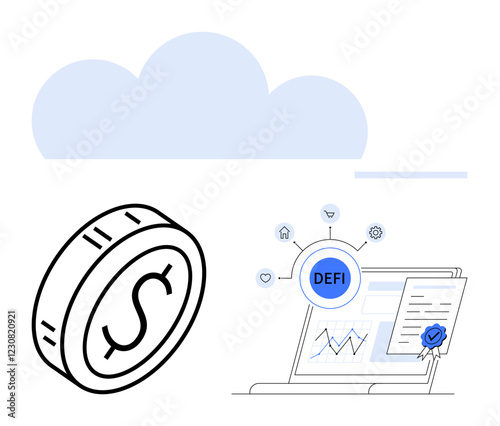 Digital coin near cloud and laptop showcasing DEFI concept. Features connected nodes, graphs, and certification. Ideal for blockchain, fintech, investments, innovation, security technology abstract