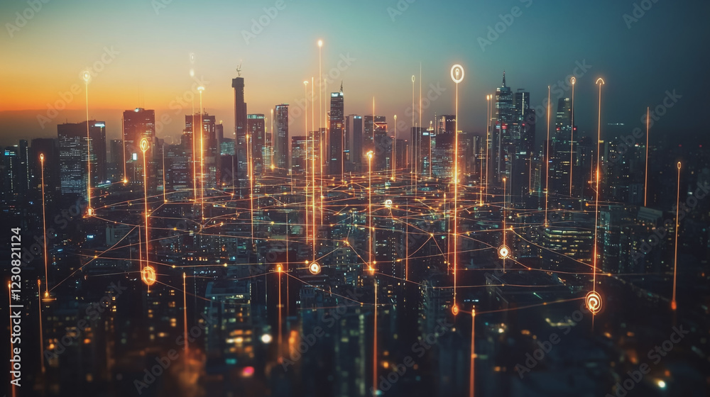 Fototapeta premium Abstract business man stands on Smart digital Innovation city with connection network reciprocity over the twilight cityscape. of future wireless digital city and social media networking systems