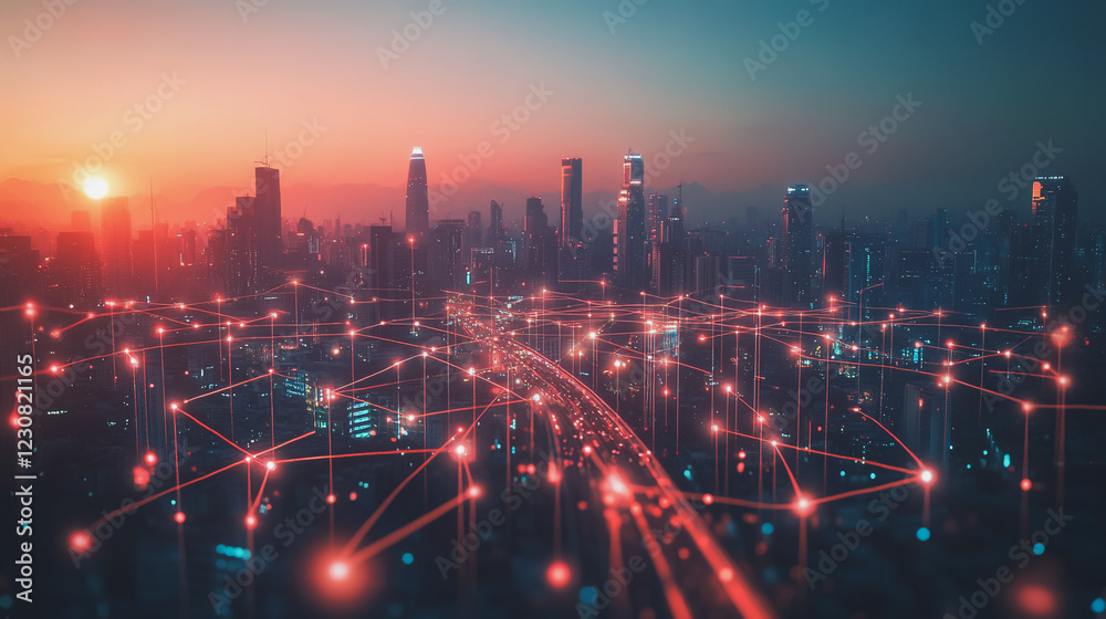 Fototapeta premium Abstract business man stands on Smart digital Innovation city with connection network reciprocity over the twilight cityscape. of future wireless digital city and social media networking systems
