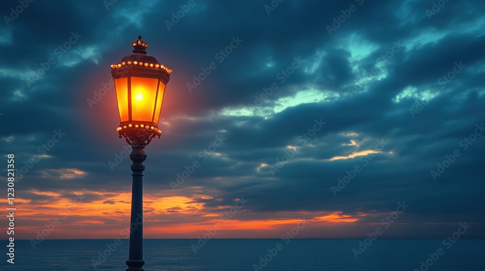 A lamppost adorned with golden beads against a cloudy sky, evening twilight with soft street lighting casting a serene glow A lamppost adorned with golden beads against a cloudy sky, evening twilight with soft street lighting casting a serene glow