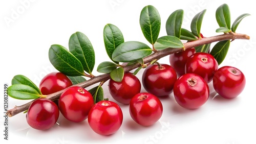 Lingonberry Branch with Ripe Berries and Green Leaves
