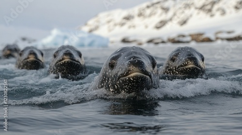 Four Leopard Seals Swimming in Water with Snow-Covered Mountains and Icebergs photo