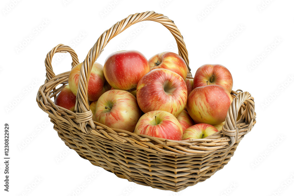 Harvest Basket Made of Wicker Filled With Fresh Red Apples on a Transparent Background for Design Use Harvest Basket Made of Wicker Filled With Fresh Red Apples on a Transparent Background for Design Use
