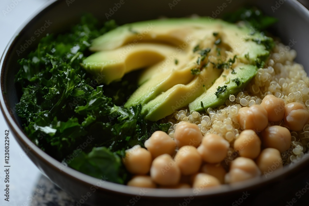 Healthy kale and quinoa bowl with avocado and chickpeas Healthy kale and quinoa bowl with avocado and chickpeas