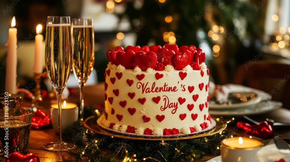A delicious Valentines Day cake, adorned with red hearts, sits on a table flutes and candles, creating a romantic ambiance. A delicious Valentines Day cake, adorned with red hearts, sits on a table flutes and candles, creating a romantic ambiance.