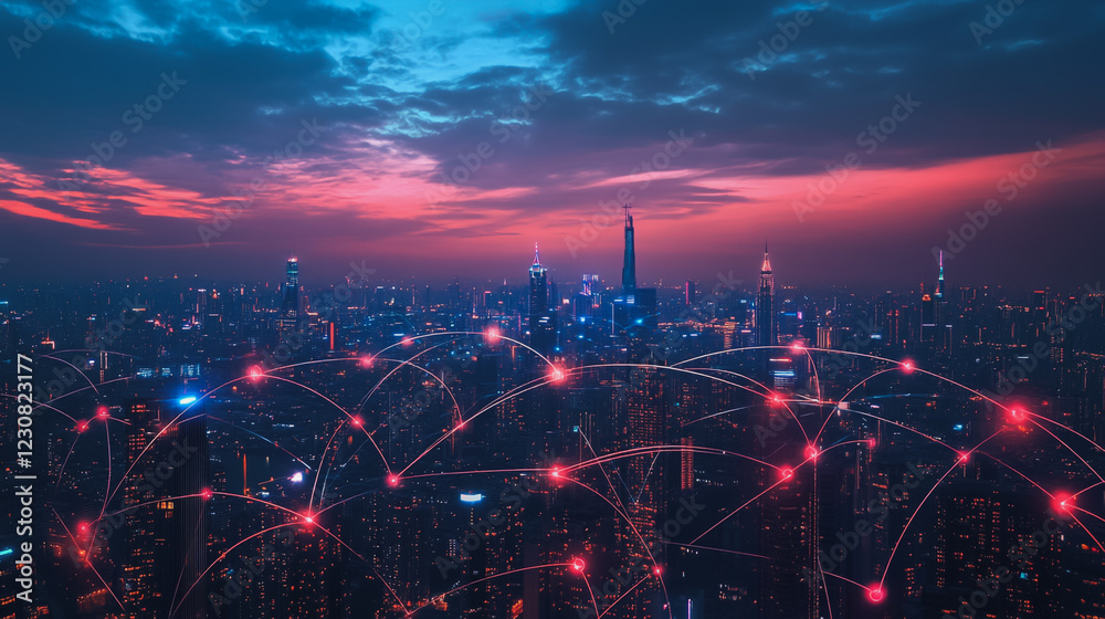 Fototapeta premium Abstract business man stands on Smart digital Innovation city with connection network reciprocity over the twilight cityscape. of future wireless digital city and social media networking systems