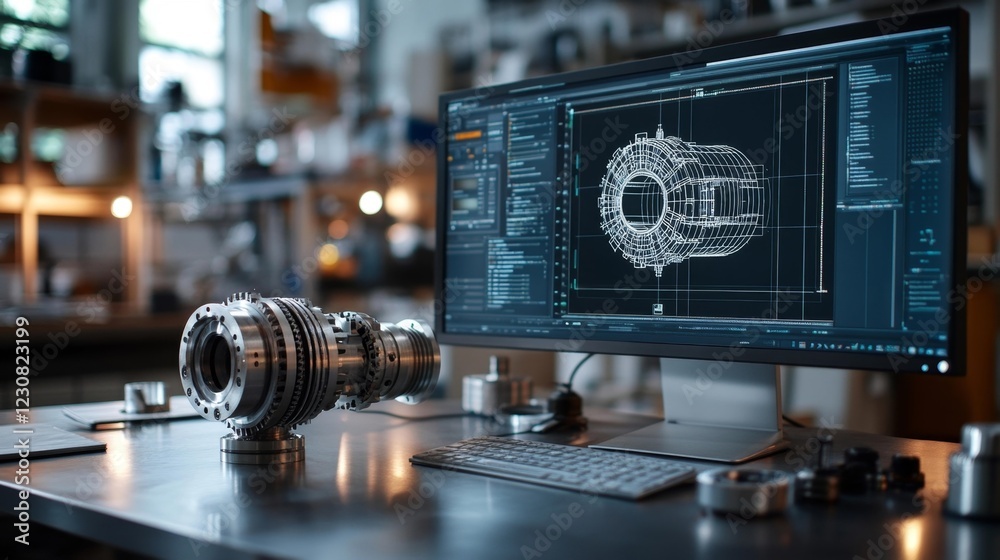 Fototapeta premium 3D Modeling Software and Mechanical Prototype in Modern Workspace. Generative AI