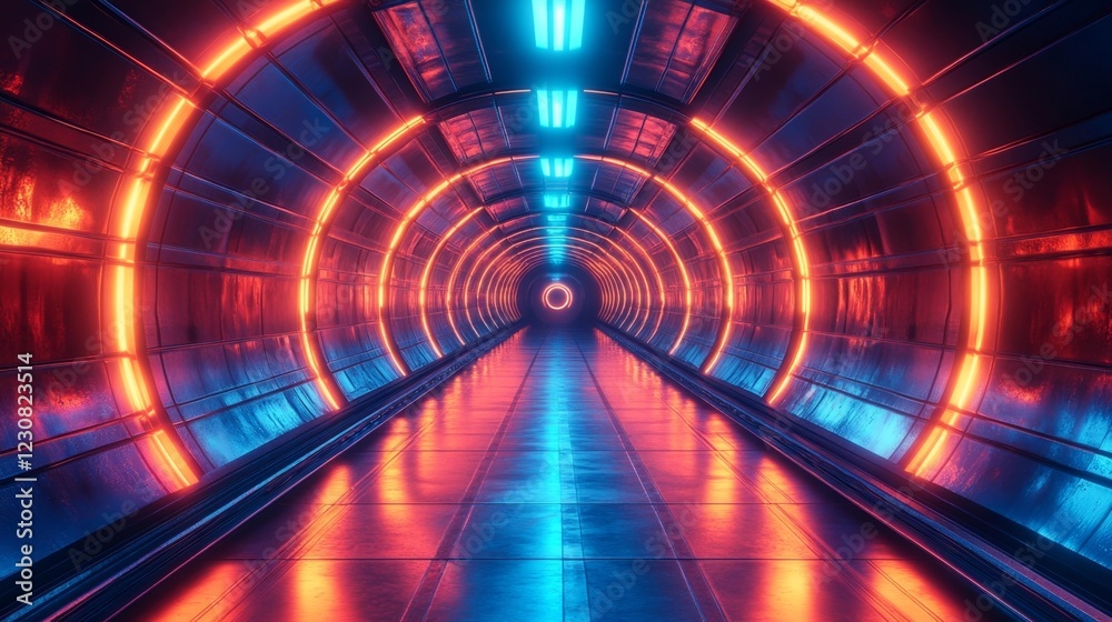 Symmetrical glowing tunnel with orange and blue neon lights. Generative AI Symmetrical glowing tunnel with orange and blue neon lights. Generative AI