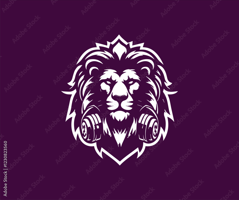 Lion head with dumbbells. Vector illustration for your design Lion head with dumbbells. Vector illustration for your design