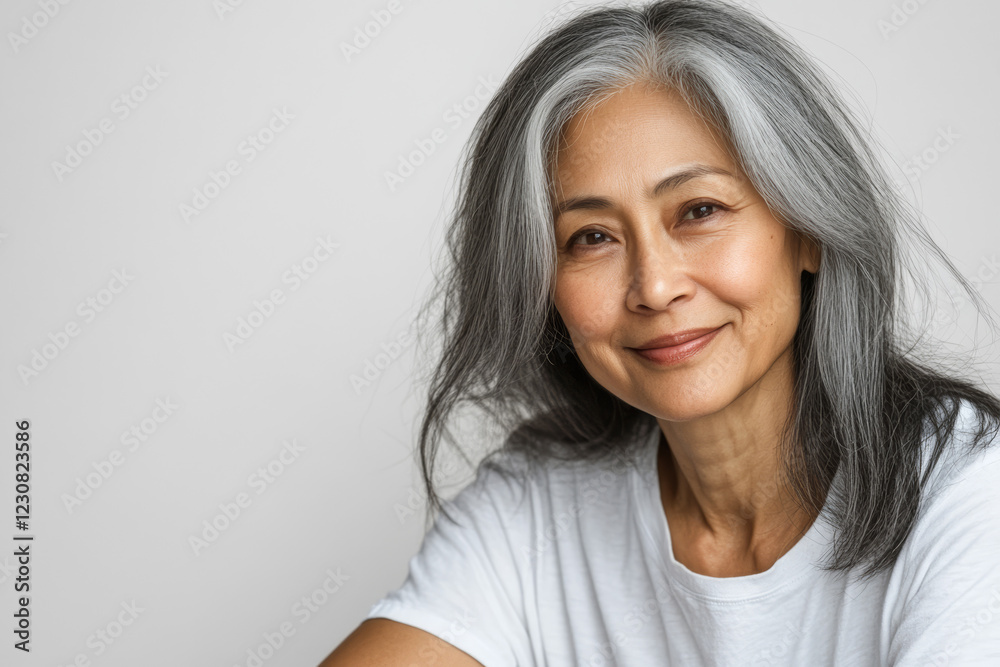 Obraz premium Graceful Senior Asian Woman with Stylish Gray Hair Wearing a Casual White T-Shirt, Exuding Timeless Confidence and Natural Beauty Against a Minimalist Backdrop