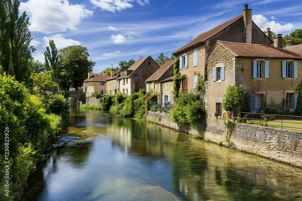 Charming riverside houses along a peaceful stream in rural France