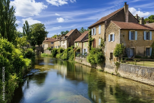 Charming riverside houses along a peaceful stream in rural France