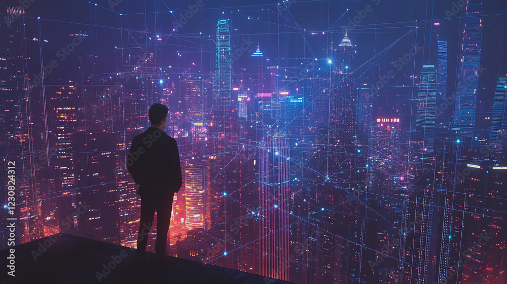 Fototapeta premium Abstract business man stands on Smart digital Innovation city with connection network reciprocity over the twilight cityscape. of future wireless digital city and social media networking systems