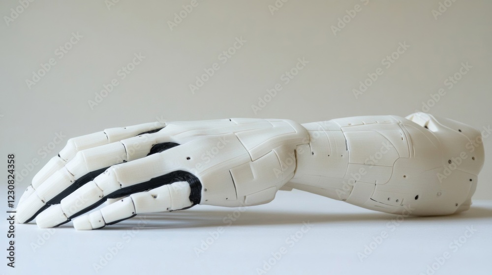 White Robotic Hand with Black Accents on Off White Background White Robotic Hand with Black Accents on Off White Background