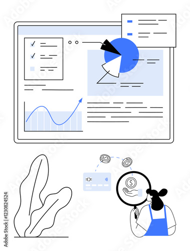 Person examining financial data with a magnifying glass, viewing a screen with charts and graphs. Ideal for finance, analytics, business strategy, data analysis, statistics, investment, market