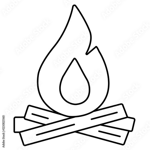 Bonfire icon with burning logs, flames representing outdoor warmth. camping, outdoor event, warmth branding, fire-related marketing, family-friendly event. 
