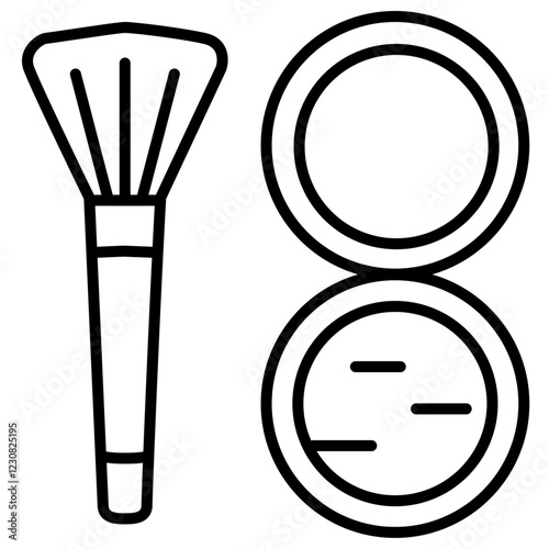 Icon of makeup brush with wide bristles and open powder compact with mirror.  Cosmetic tools. Makeup essentials. Beauty products design. Icon for beauty products. Professional makeup tools. Fashion


