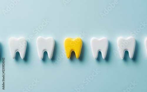 A row of white, tooth-shaped paper cutouts on a light blue background, with one yellow piece in the middle representing a missing tooth