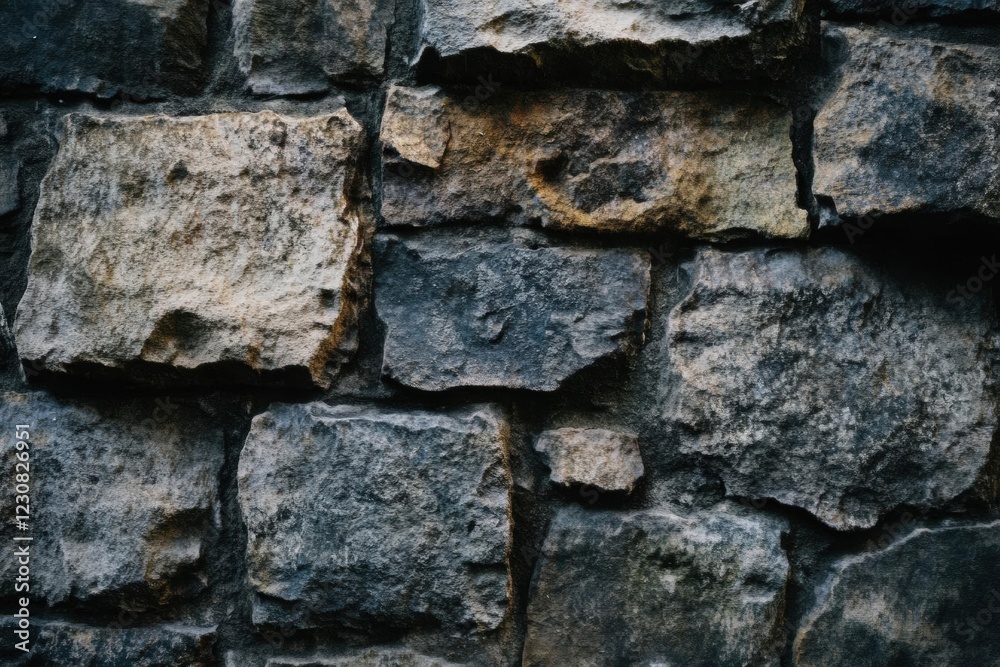 Close-Up of a Rugged Stone Wall, Featuring Irregular Shapes and Textured Surfaces Close-Up of a Rugged Stone Wall, Featuring Irregular Shapes and Textured Surfaces