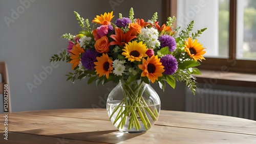 Wallpaper Mural A vibrant bouquet with orange gerberas, pink daisies, and a central pink rose in a clear glass vase. Sunlight from a window casts soft shadows on a wooden table, creating a bright and cheerful scene. Torontodigital.ca