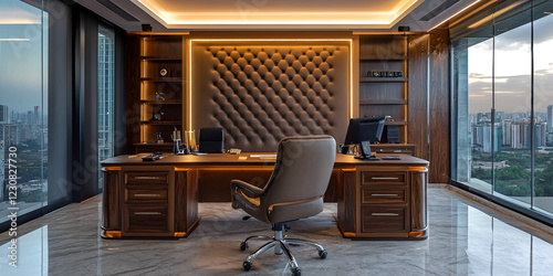 Large Executive Desk with Leather Chairs and Modern Office Decor photo