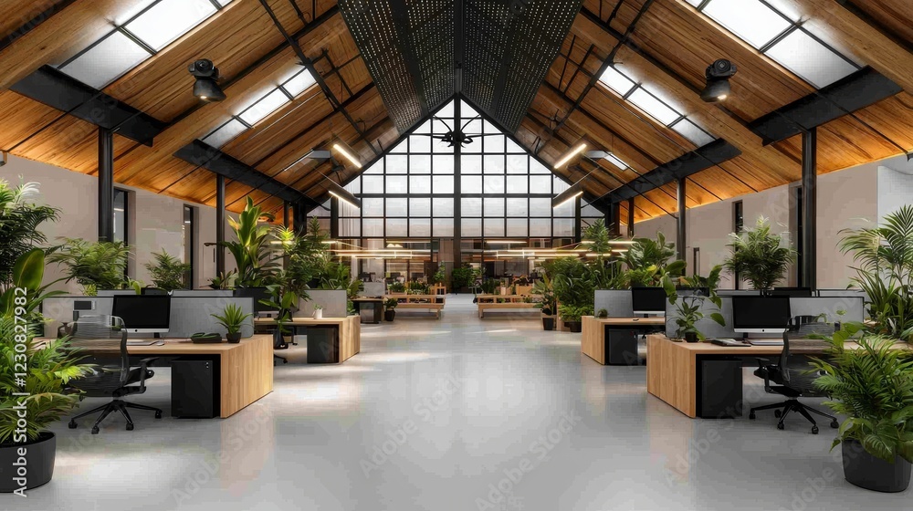 A lively green office with solar panels visible through large windows, eco-friendly workstations, and employees enjoying wellness amenities like indoor gardens A lively green office with solar panels visible through large windows, eco-friendly workstations, and employees enjoying wellness amenities like indoor gardens