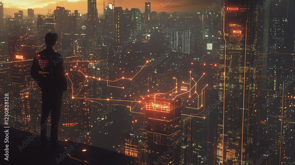 Abstract business man stands on Smart digital Innovation city with connection network reciprocity over the twilight cityscape. of future wireless digital city and social media networking systems Abstract business man stands on Smart digital Innovation city with connection network reciprocity over the twilight cityscape. of future wireless digital city and social media networking systems