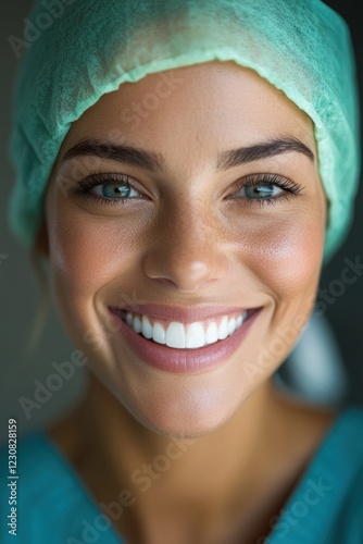 Realistic portrait of a happy young patient woman. Teeth or plastic surgery photo