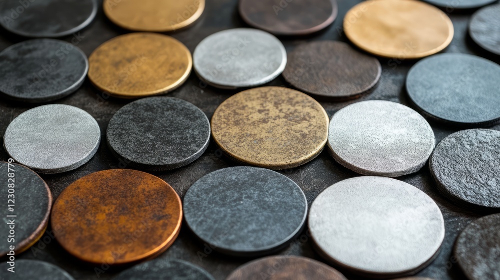 Collection of round metallic discs in various colors and textures. Collection of round metallic discs in various colors and textures.