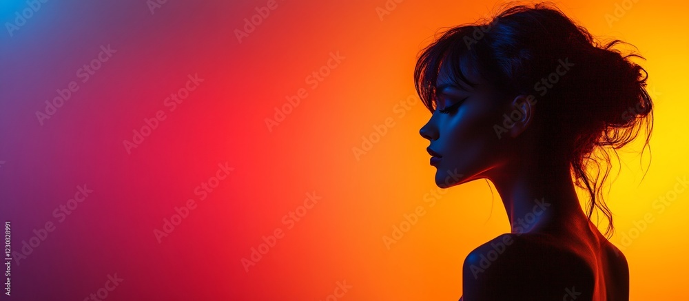 Silhouette of a woman against a vibrant gradient background, showcasing artistic lighting Silhouette of a woman against a vibrant gradient background, showcasing artistic lighting