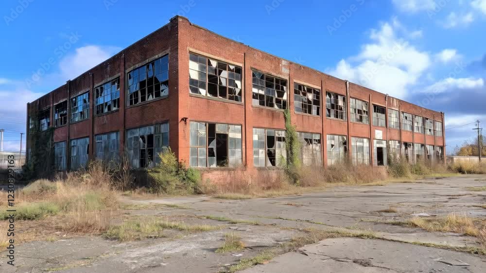 Decaying brick factory under changing skies reflects urban abandonment