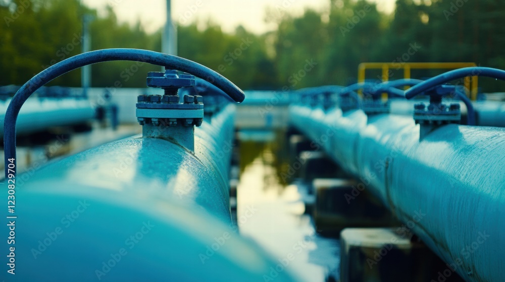 Naklejka premium Industrial Pipelines in a Water Treatment Facility During Sunset