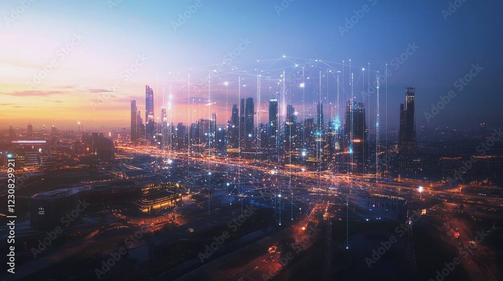 Fototapeta premium Abstract business man stands on Smart digital Innovation city with connection network reciprocity over the twilight cityscape. of future wireless digital city and social media networking systems