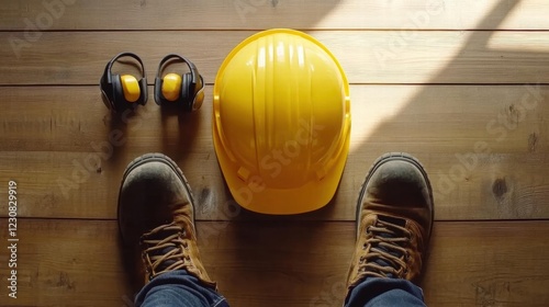 Construction Safety Gear: Hard Hat, Ear Protection and Safety Boots photo