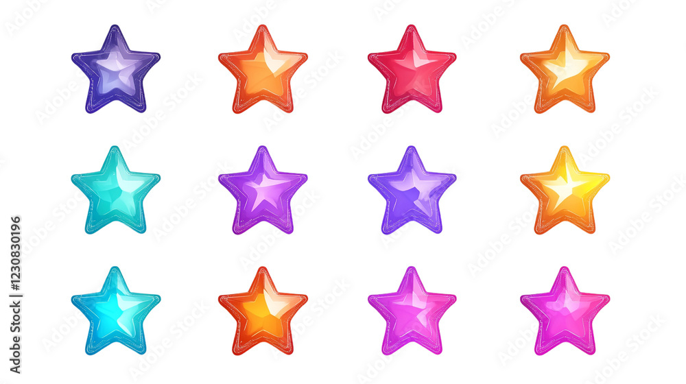 Colorful Glowing Star Icons Arranged on a White Transparent Background for Creative Design Projects Colorful Glowing Star Icons Arranged on a White Transparent Background for Creative Design Projects