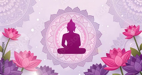 Buddha silhouette with light behind it and swirling flower background