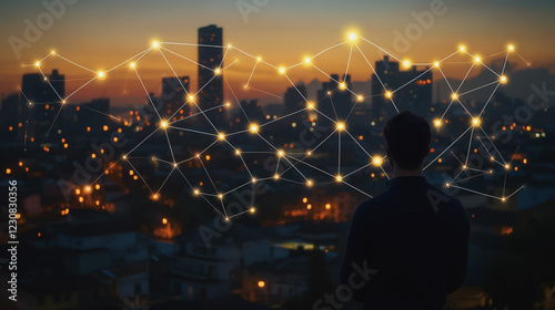  Abstract business man stands on Smart digital Innovation city with connection network reciprocity over the twilight cityscape. of future wireless digital city and social media networking systems