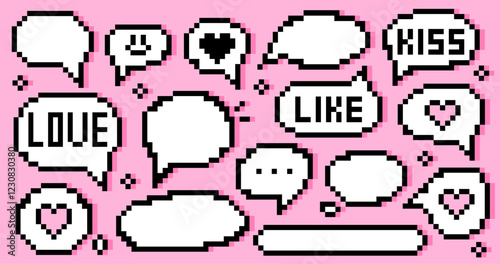 Pixel art speech bubbles, dialog boxes on a pink background with words like love, kiss, and like. Retro 8-bit inspired design perfect for gaming, social media, web banners and nostalgic posters.