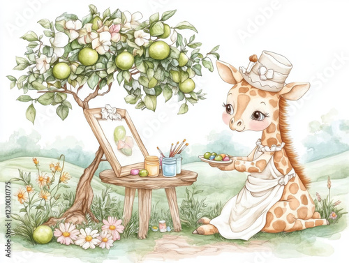 cute giraffe character in white apron sits beside tree, painting colorful eggs. scene is cheerful and whimsical, perfect for children art or spring themes photo