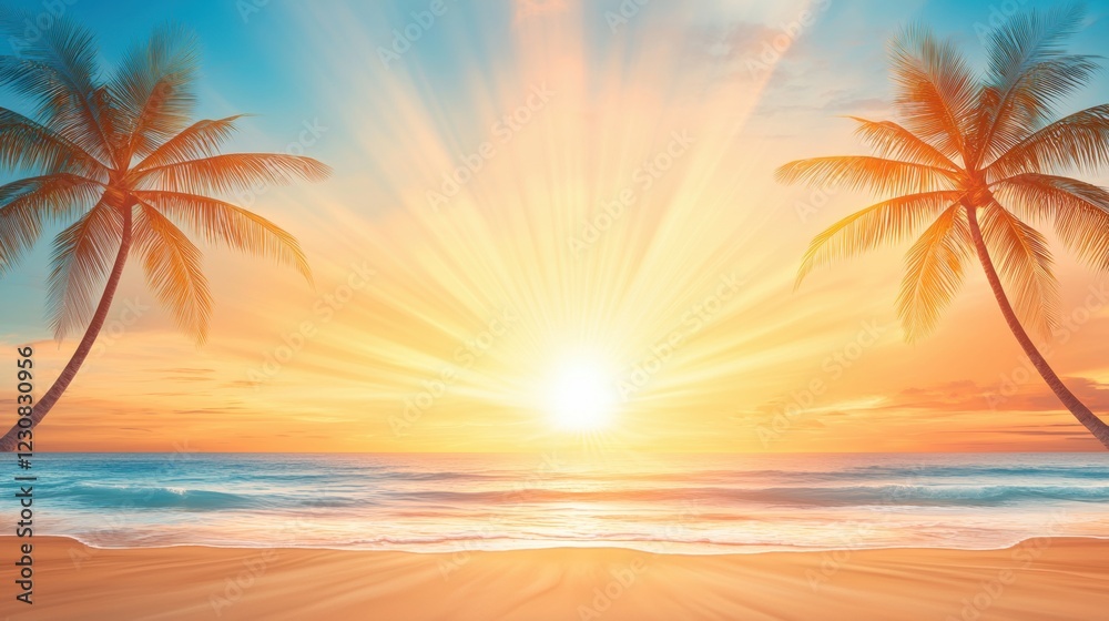 Obraz premium Tropical Sunset Paradise: Two majestic palm trees silhouette against a vibrant tropical sunset, casting long shadows across a pristine beach and crystal-clear ocean.