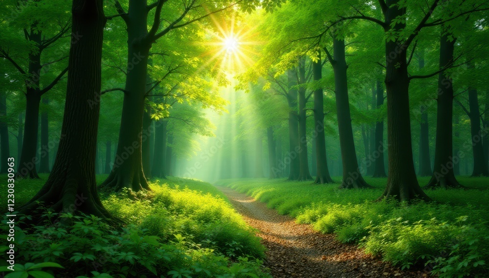 Sun-dappled green forest panorama, lush deciduous trees, trees, plant, nature Sun-dappled green forest panorama, lush deciduous trees, trees, plant, nature