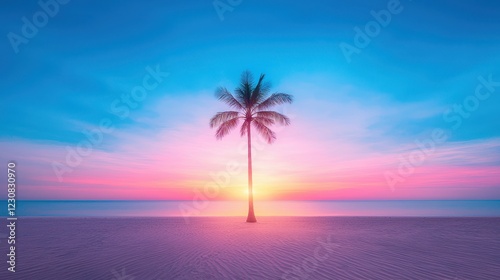 Solitary Palm at Sunset: A single palm tree stands silhouetted against a vibrant, pastel sunset over a tranquil beach, creating a serene and idyllic scene.