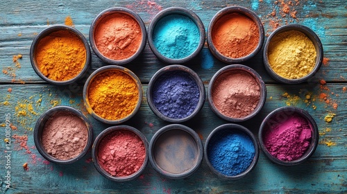 A variety of multicolor powders in bowls, placed on a rustic wooden surface, with colorful powder dust scattered around, evoking a playful, celebratory vibe photo