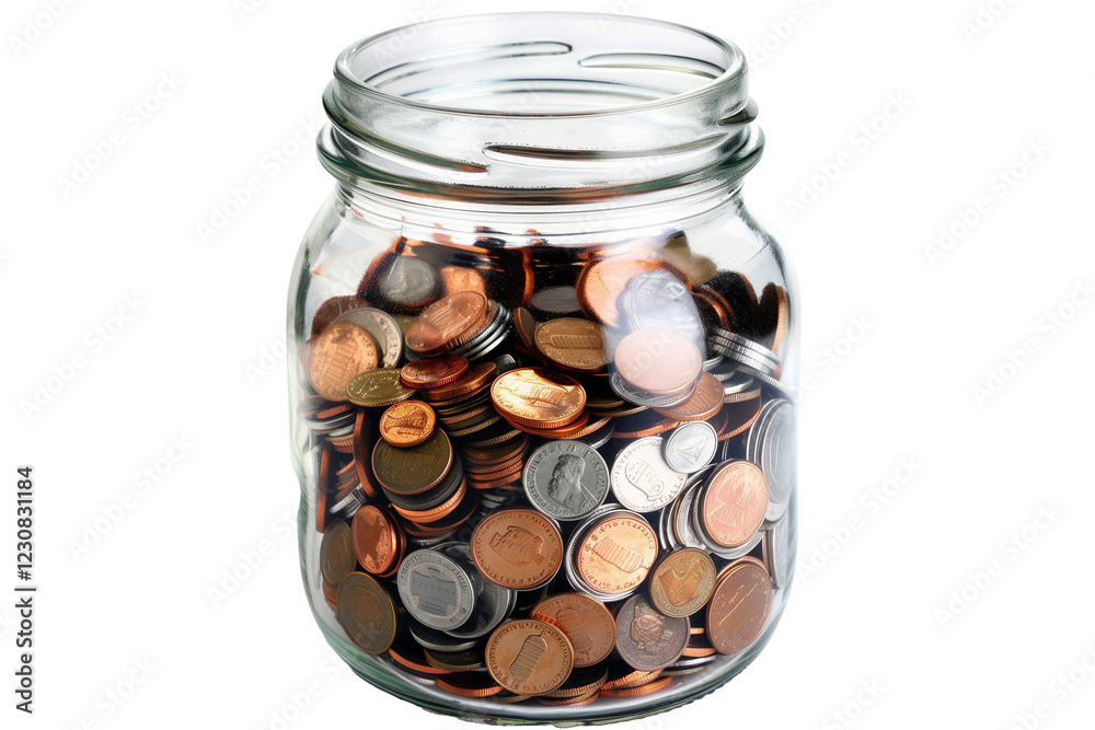 Glass Jar Filled With Mixed Coins for Savings on a Transparent Background Glass Jar Filled With Mixed Coins for Savings on a Transparent Background