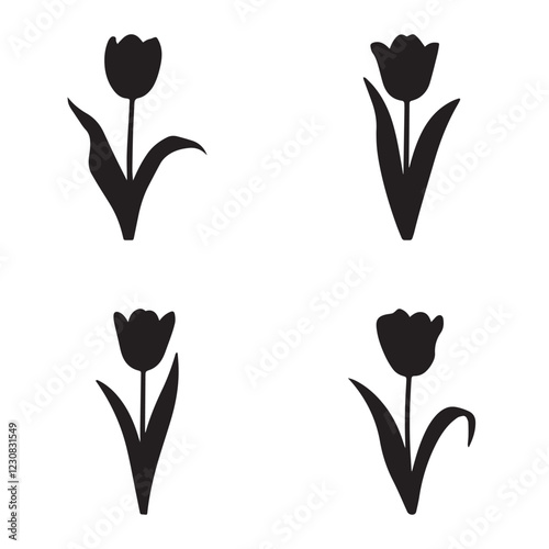 A set of four simple, black silhouette tulips against a white background.